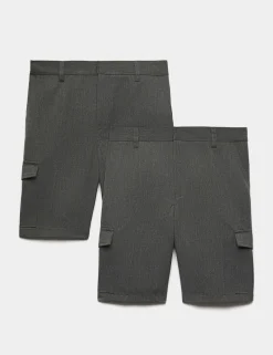 2 Pack Boys' Plus Fit Waist Cargo School Shorts (4-14 Yrs)
