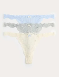 3 Pack Cotton Blend Rib Lace Thongs