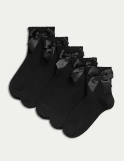 5 Pack Cotton Rich Ankle Bow Socks (6 Small-7 Large)