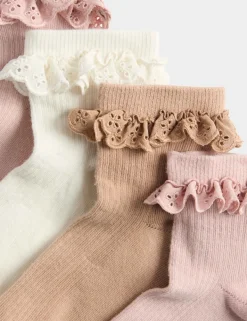 4 Pack Cotton Rich Broderie Frill Socks (6 Small-7 Large)