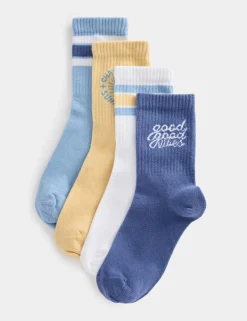 4 Pack Cotton Rich Good Vibes Striped Socks (6 Small-7 Large)