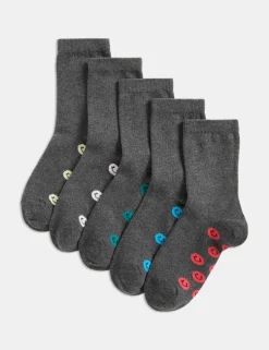 5 Pack Cotton Rich Happy Faces School Socks (6 Small-7 Large)
