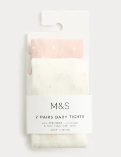 2 Pack Cotton Rich Spotty Gripper Feet Tights (0-3 Yrs)