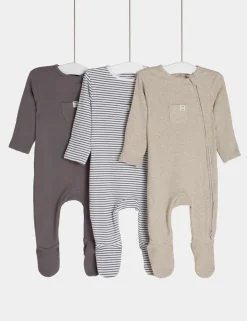 3 Pack Cotton Rich Striped & Plain Sleepsuits (0-3 Yrs)
