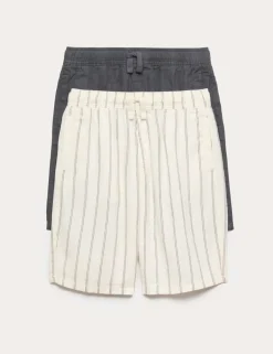 2 Pack Linen Rich Striped & Plain Shorts (6-16 Yrs)