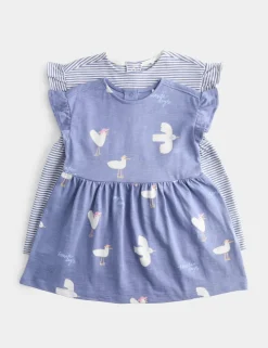 2 Pack Pure Cotton Bird & Striped Dresses (0-3 Yrs)
