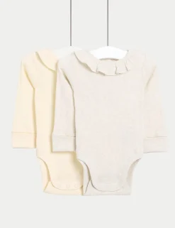 2 Pack Pure Cotton Frill Long Sleeve Bodysuits (0-3 Yrs)