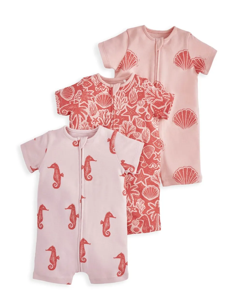 3 Pack Pure Cotton Seahorse Zip Rompers (0-18 Months)