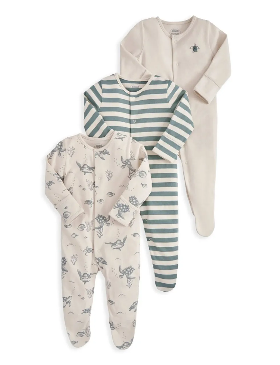3 Pack Pure Cotton Turtle Sleepsuits (0-24 Months)