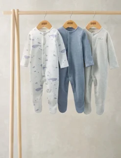 3 Pack Pure Cotton Whale Sleepsuits (6½lbs-24 Mths)