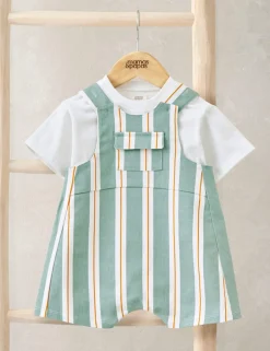 2 Piece Cotton Rich Striped Dungaree Outfit (0-3 Years)