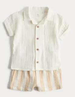 2 Piece Double Cloth Shirt and Striped Shorts Outfit (0-5 Yrs)