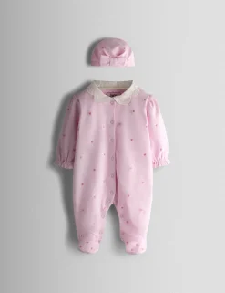 2 Piece Pure Cotton Embroidered Sleepsuit with Hat (7lbs-18 Mths)