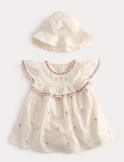 2 Piece Pure Cotton Floral Dress & Hat Outfit (0-2 Yrs)