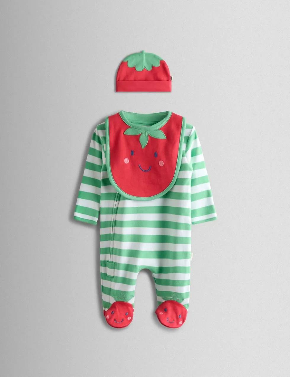 3 Piece Pure Cotton Striped Sleepsuit, Hat & Bib Set (7lbs-18 Mths)
