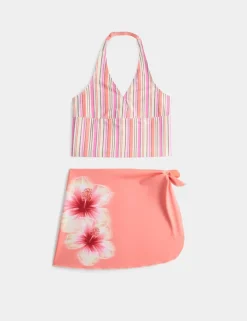 3 Piece Striped Tankini and Floral Sarong