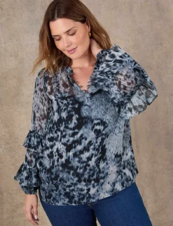 Abstract Print V-Neck Frill Sleeve Blouse