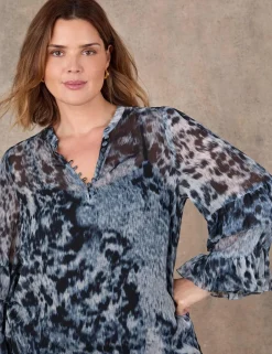 Abstract Print V-Neck Frill Sleeve Blouse