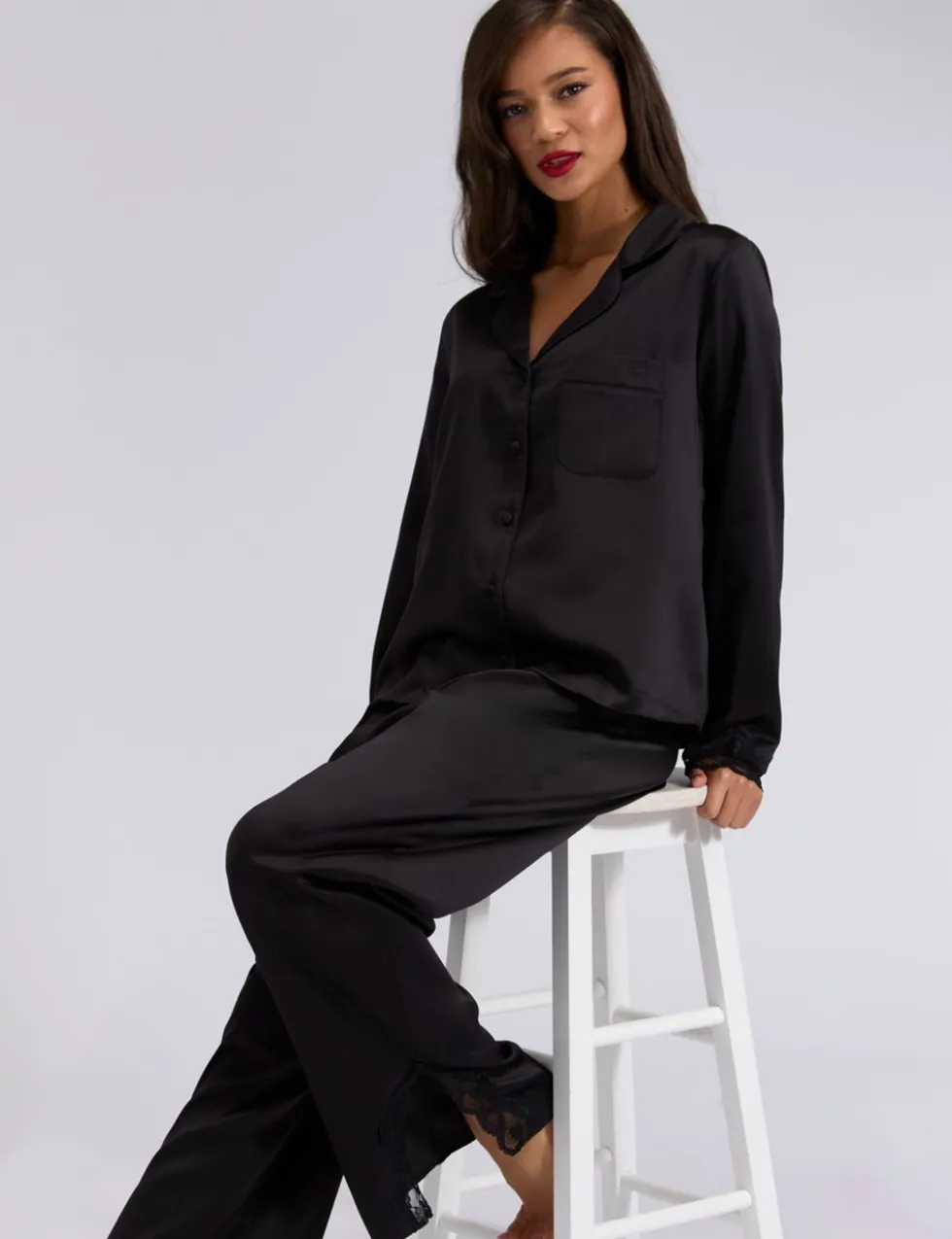 Amelia Satin Lace Trim Pyjama Set