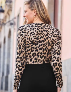 Animal Print Crew Neck Button Detail Jumper