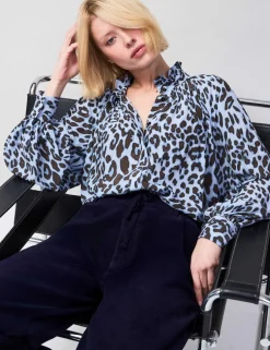 Animal Print High Neck Blouson Sleeve Blouse
