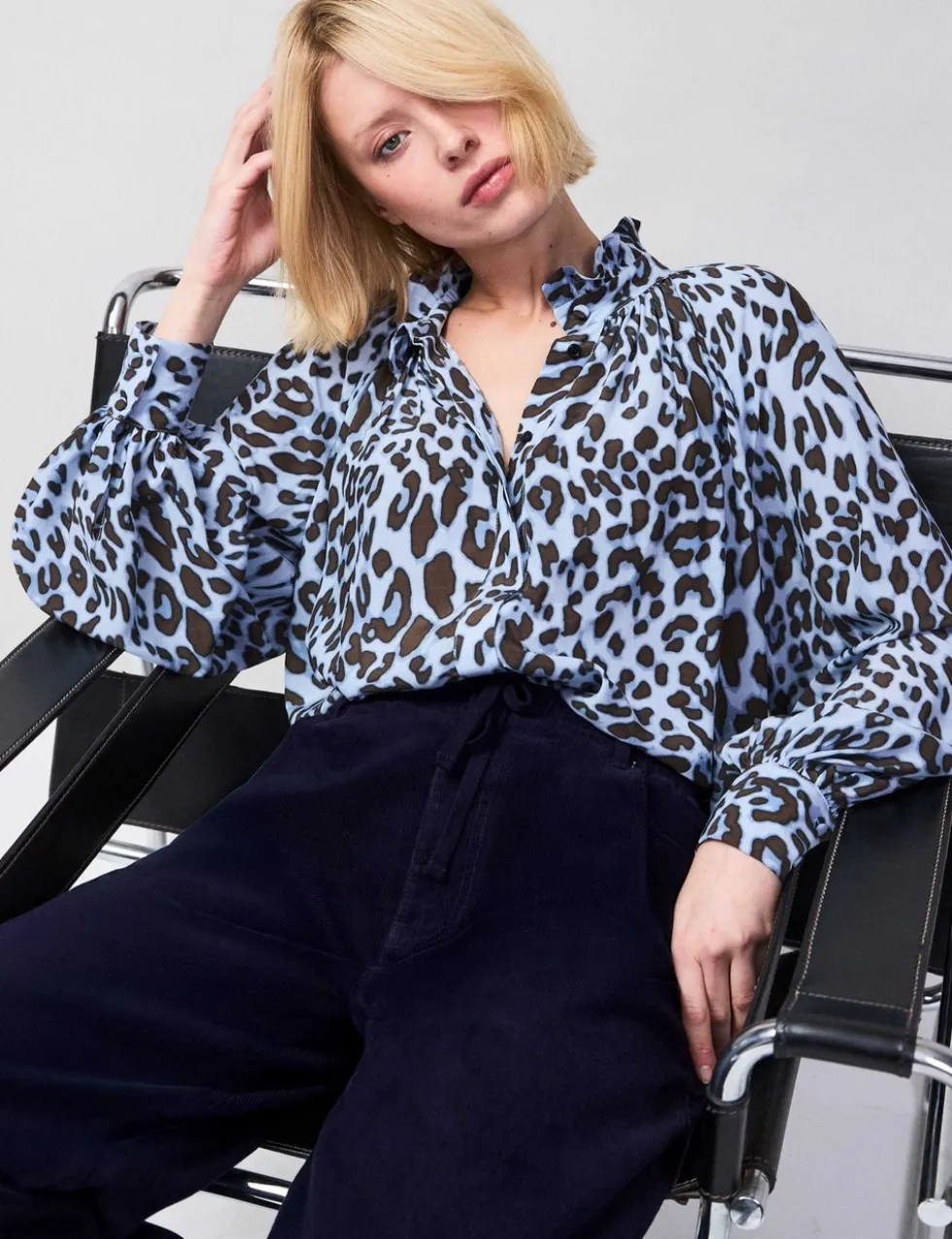 Animal Print High Neck Blouson Sleeve Blouse