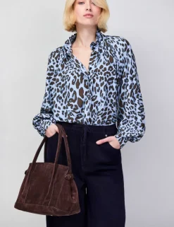 Animal Print High Neck Blouson Sleeve Blouse