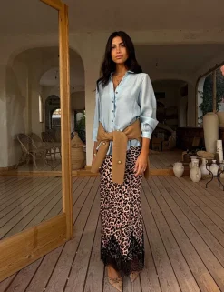 Animal Print Lace Detail Maxi Slip Skirt