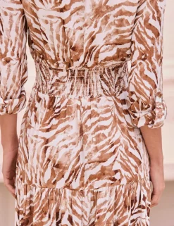Animal Print Shirred Midi Shirt Dress