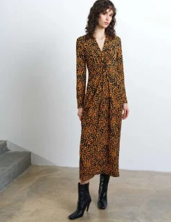 Animal Print Textured Collared Midi Column Dress