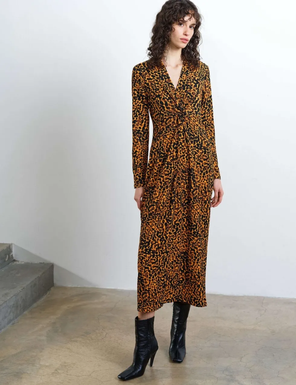 Animal Print Textured Collared Midi Column Dress