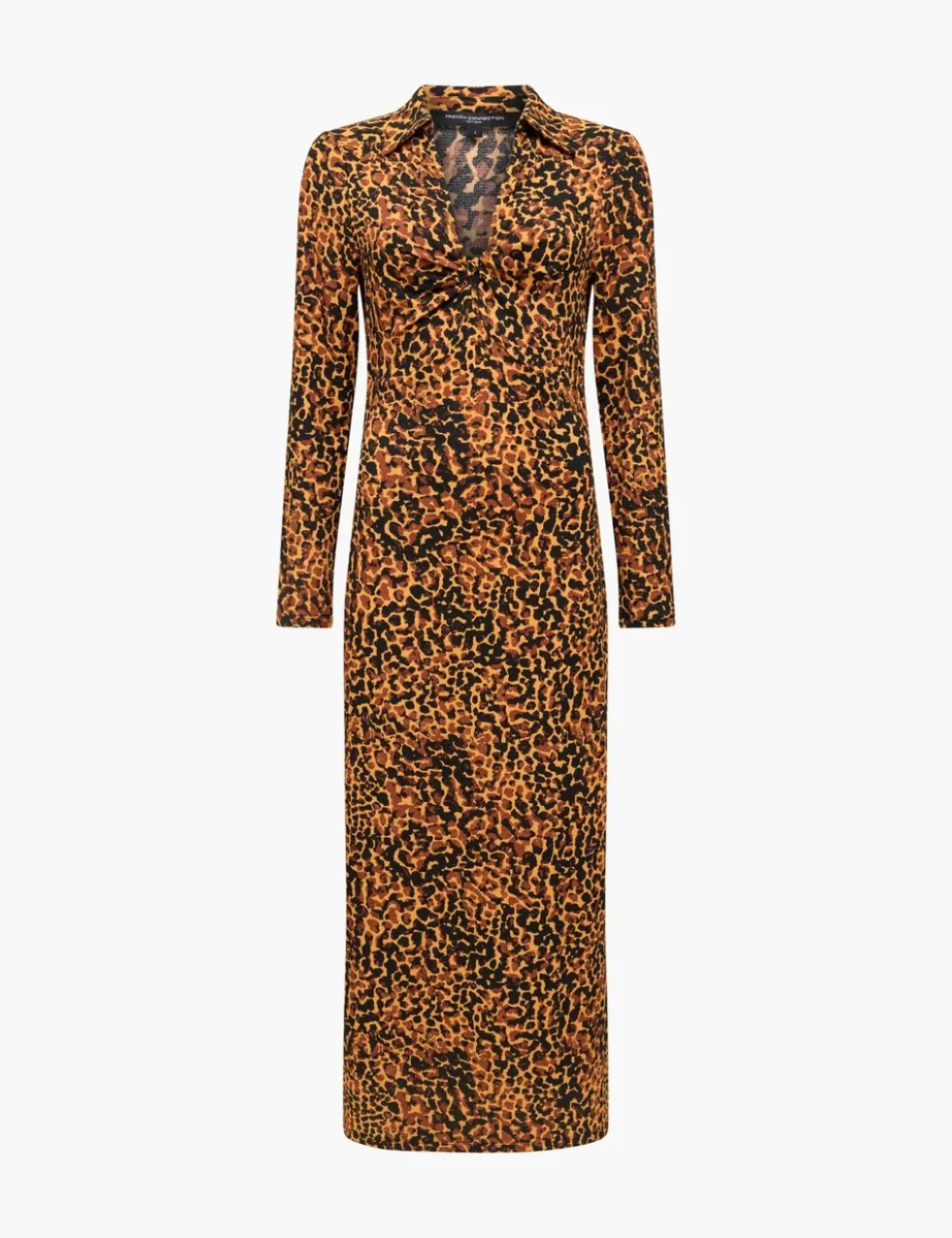 Animal Print Textured Collared Midi Column Dress