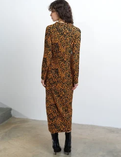 Animal Print Textured Collared Midi Column Dress