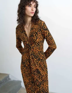 Animal Print Textured Collared Midi Column Dress