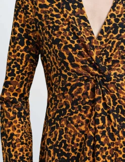 Animal Print Textured Collared Midi Column Dress