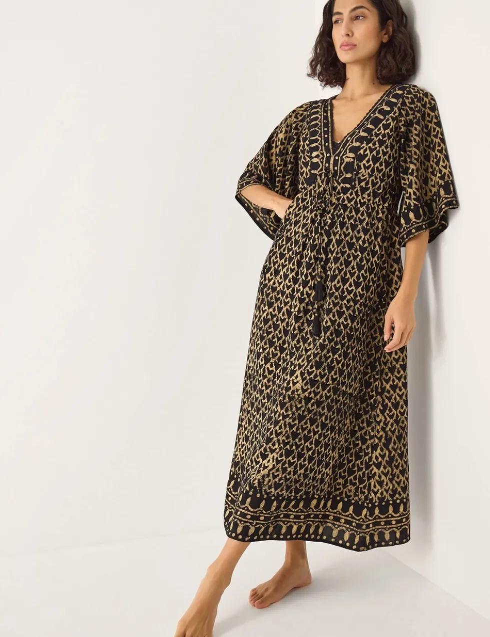 Animal Print V-Neck Midi Kaftan Dress