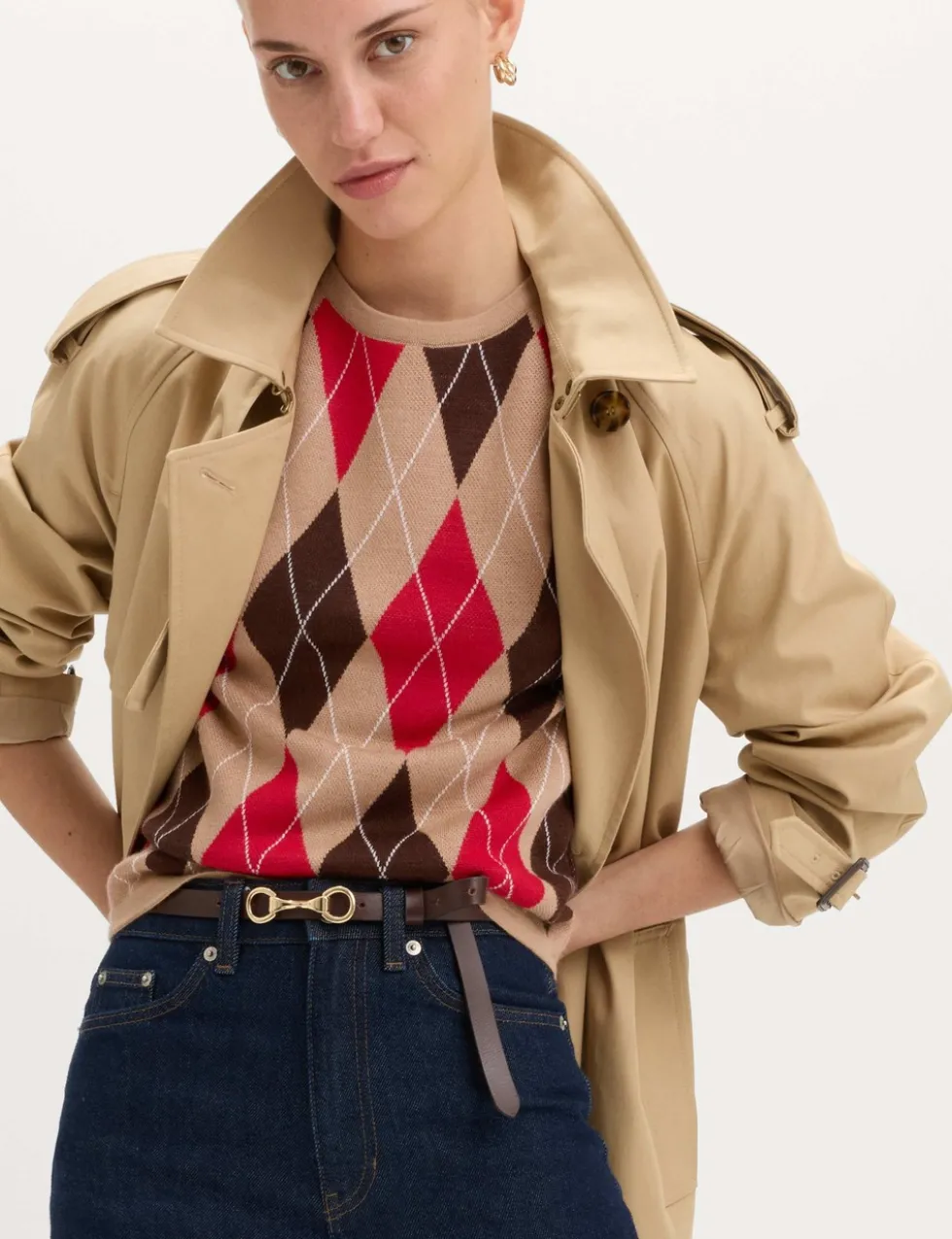 Argyle Crew Neck Slim Fit Knitted Top