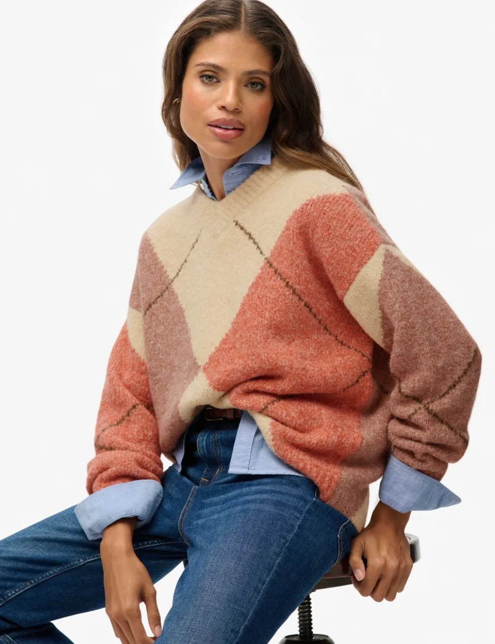 Argyle V-Neck Oversized Jumper
