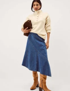 Asymmetric Denim Midi Skirt