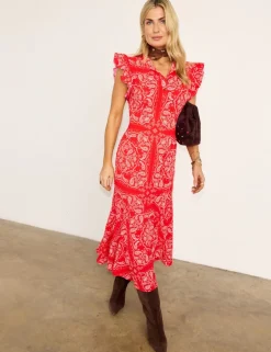 Bandana Print Frill Sleeve Midi Tea Dress