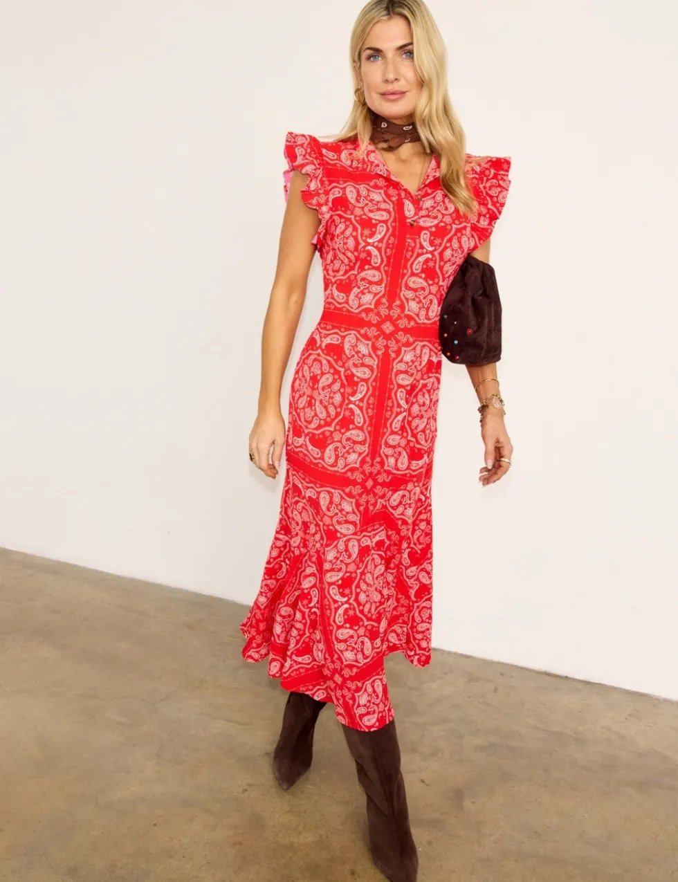 Bandana Print Frill Sleeve Midi Tea Dress