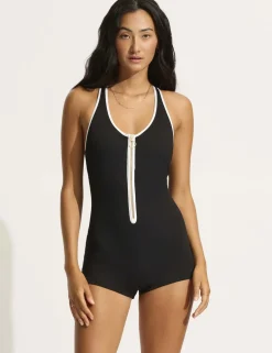 Beach Bound Retro Monochrome Zip-Up Swimsuit