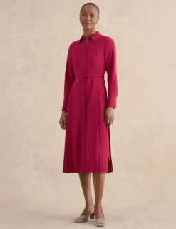 Belted Pleated Midi Shirt Dress