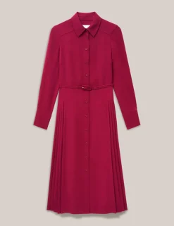 Belted Pleated Midi Shirt Dress