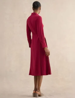 Belted Pleated Midi Shirt Dress