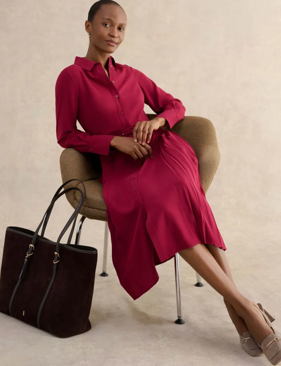 Belted Pleated Midi Shirt Dress