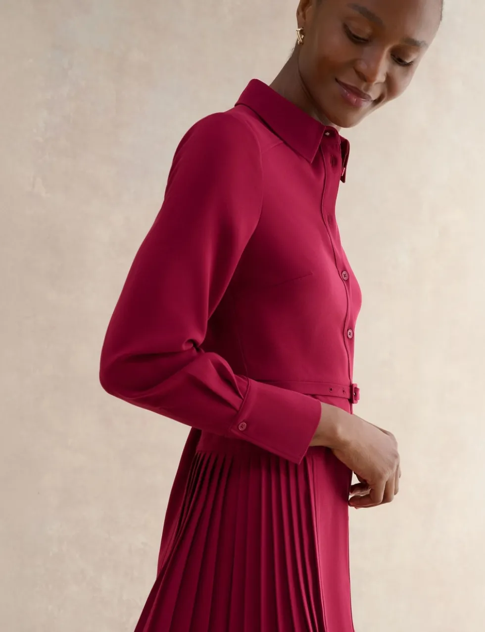 Belted Pleated Midi Shirt Dress
