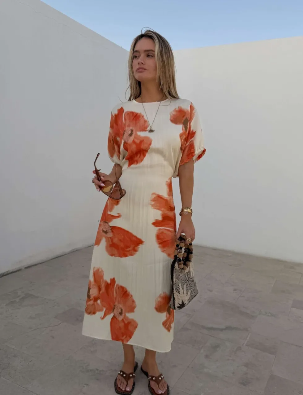 Blurred Floral Print Midi Waisted Dress