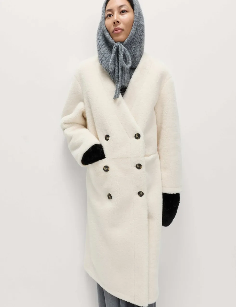 Borg Collarless Double Breasted Longline Coat