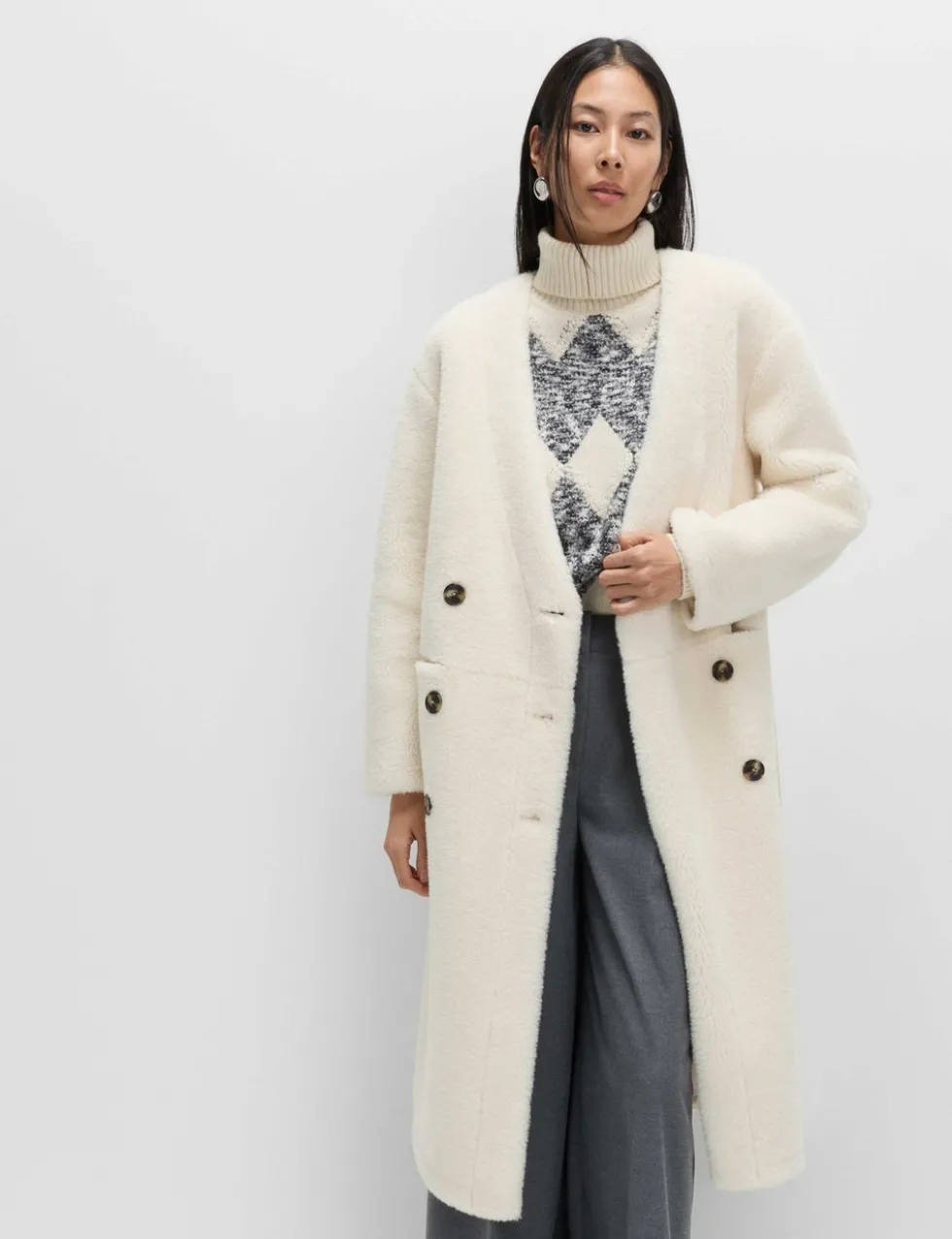 Borg Collarless Double Breasted Longline Coat